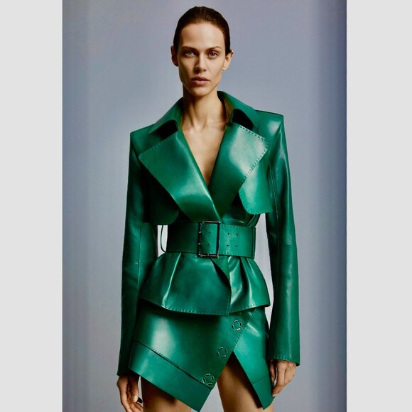 Mugler - Belted Leather Biker Jacket - Emerald Size 38 FR, 6-8 US - Picture 1 of 12